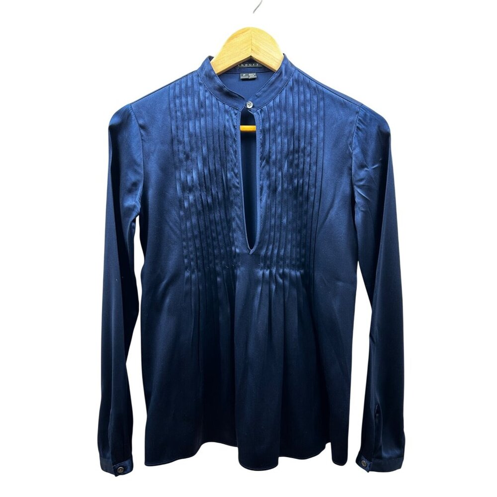 Theory‎ Bianca Blouse Womens Small Navy Blue 94% Silk Quiet Luxury Pleated Front